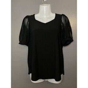 Love Scarlett Shirt Womens Small Black Mesh Puff Sleeve V Neck Blouse Top